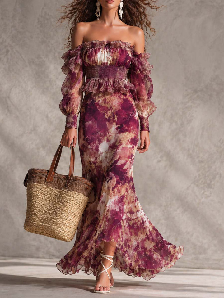 Pink Chiffon Maxi Dress with Off-Shoulder Sleeves