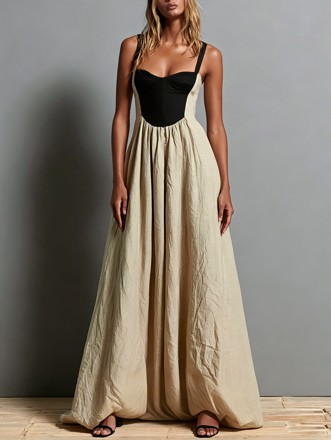 Effortless Khaki Two Tone Maxi Dress for Women with Corset Bodice Flowing Skirt