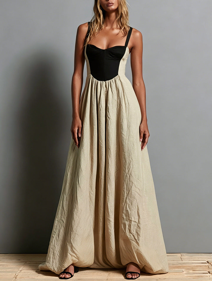 Effortless Khaki Two Tone Maxi Dress for Women with Corset Bodice Flowing Skirt