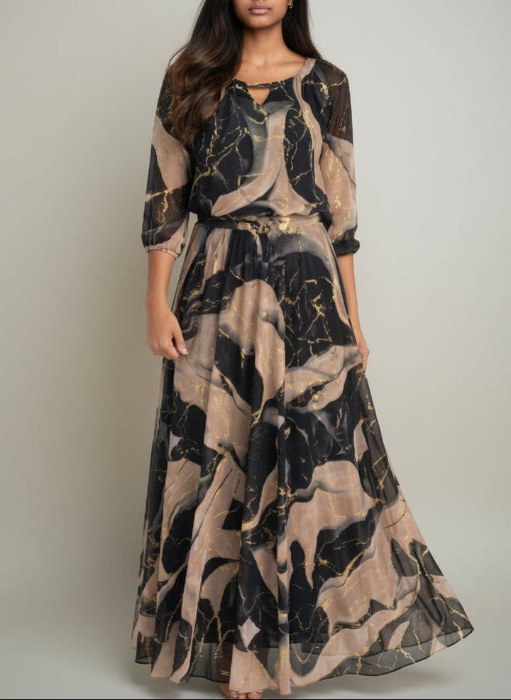 Elegant Black Marble Print Maxi Dress with Split Neck Bell Sleeve Belted Wedding Guest