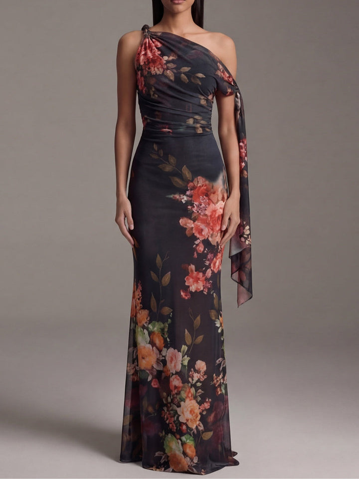 Black Printed Chiffon Maxi Pleated Dress with One Shoulder