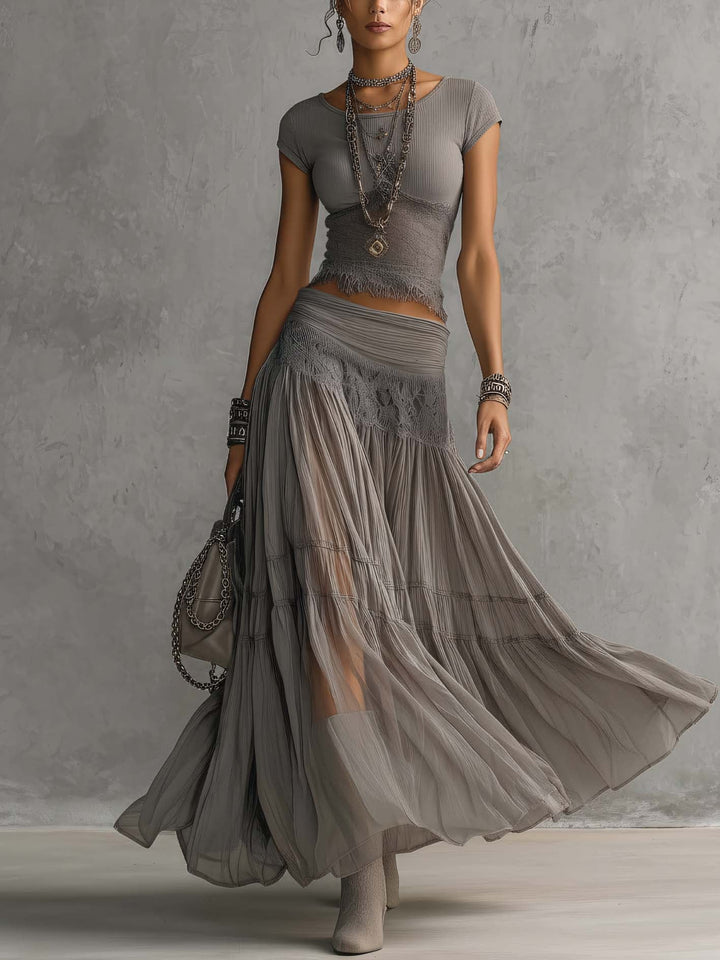 Gray Top in Sheer Lace with Panels and Pleated Maxi Skirt Set