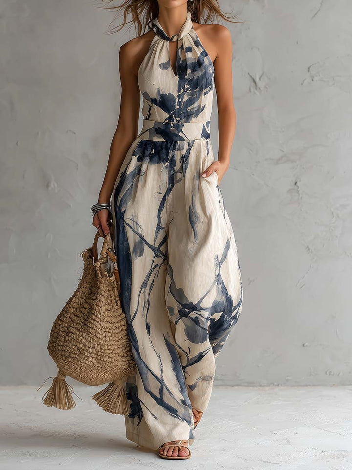 Halter Neck Jumpsuit with Ink Print and Wide Leg Pants with Pockets