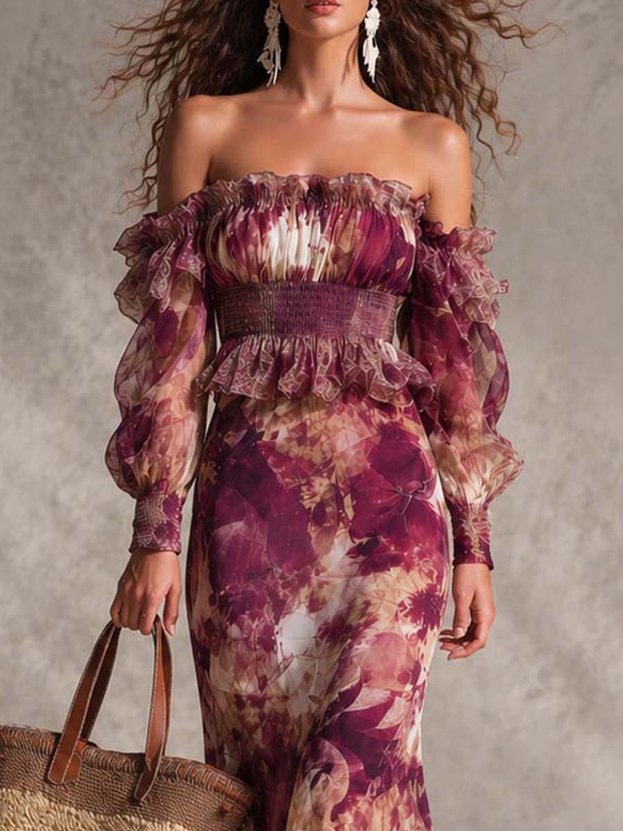 Pink Chiffon Maxi Dress with Off-Shoulder Sleeves