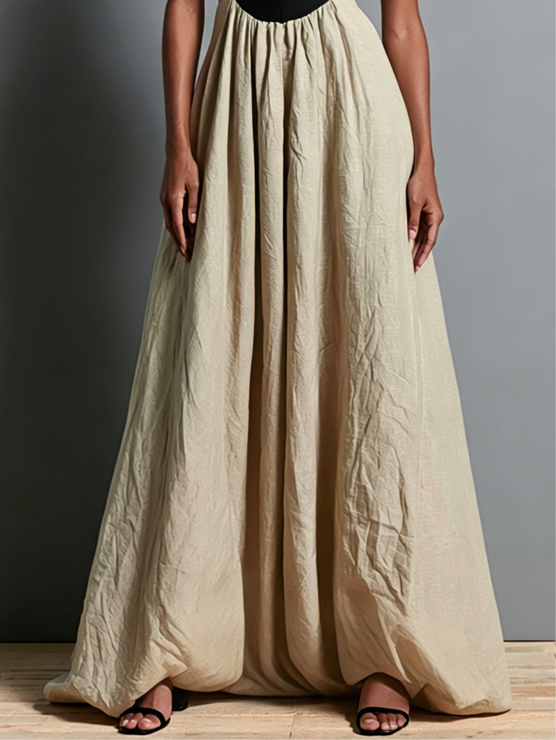 Effortless Khaki Two Tone Maxi Dress for Women with Corset Bodice Flowing Skirt