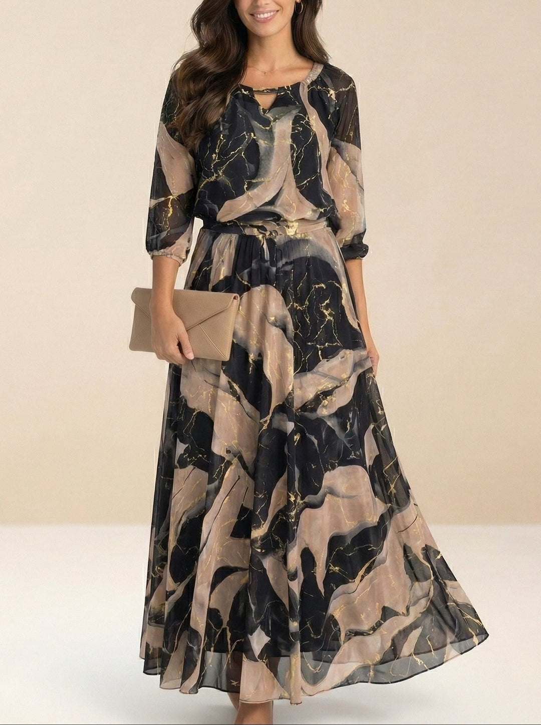 Elegant Black Marble Print Maxi Dress with Split Neck Bell Sleeve Belted Wedding Guest