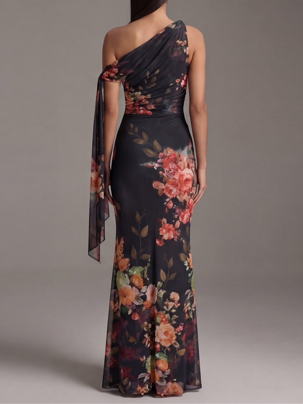 Black Printed Chiffon Maxi Pleated Dress with One Shoulder