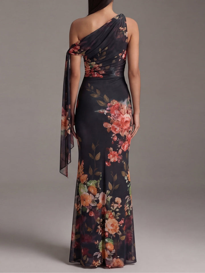 Black Printed Chiffon Maxi Pleated Dress with One Shoulder