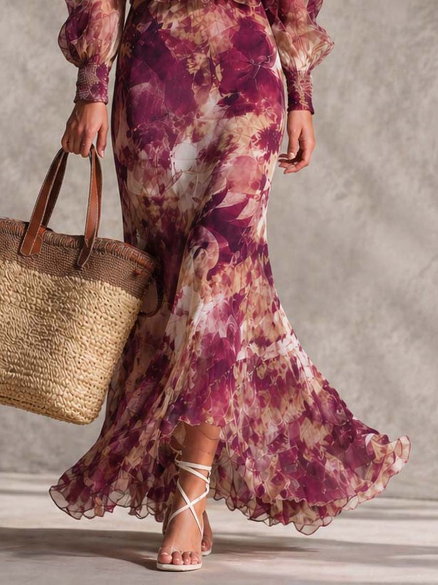 Pink Chiffon Maxi Dress with Off-Shoulder Sleeves