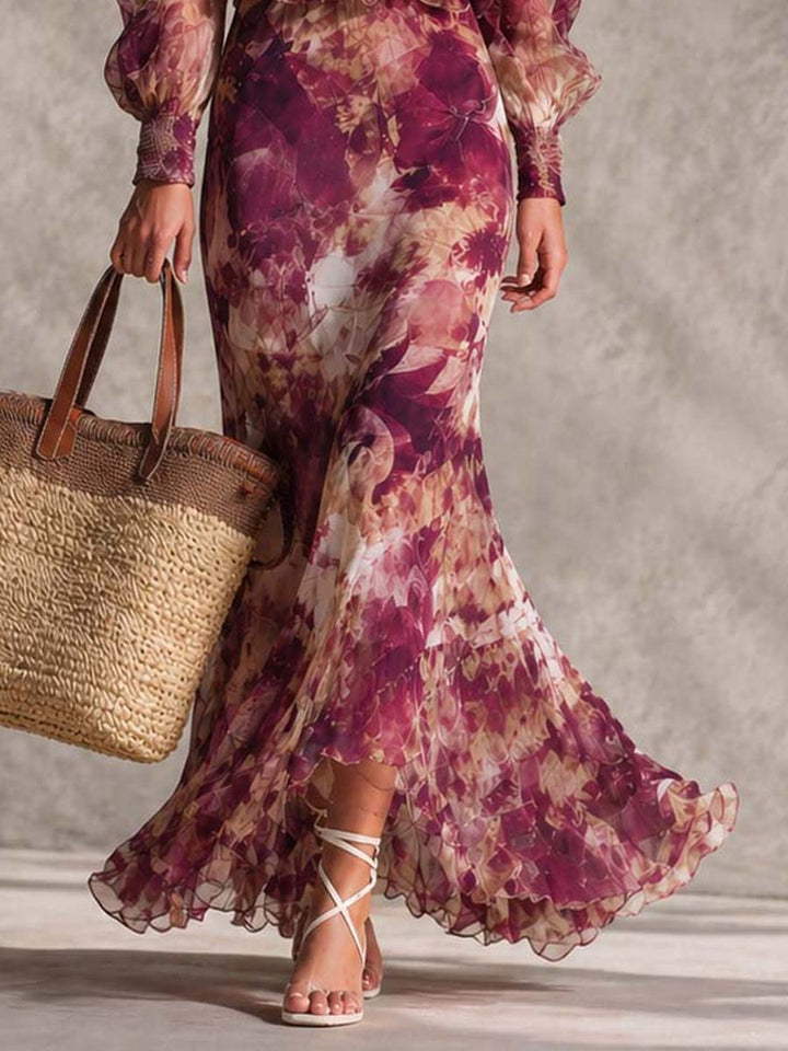 Pink Chiffon Maxi Dress with Off-Shoulder Sleeves