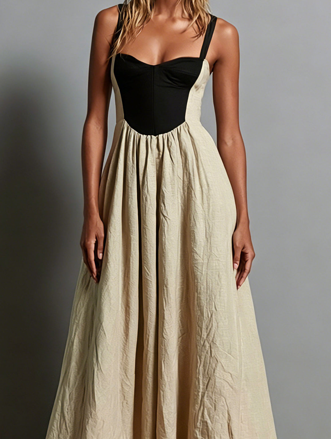 Effortless Khaki Two Tone Maxi Dress for Women with Corset Bodice Flowing Skirt