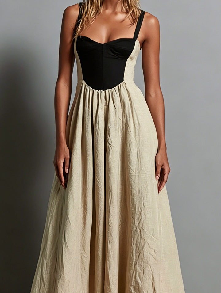 Effortless Khaki Two Tone Maxi Dress for Women with Corset Bodice Flowing Skirt
