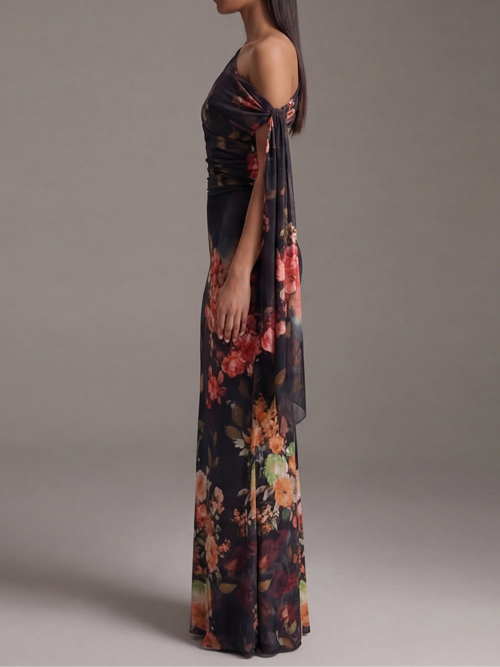 Black Printed Chiffon Maxi Pleated Dress with One Shoulder