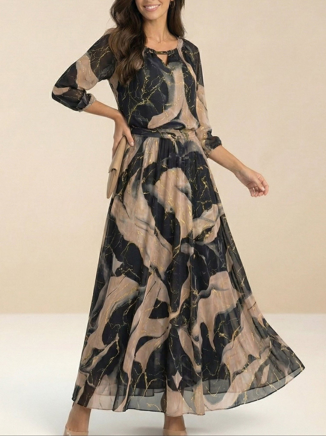 Elegant Black Marble Print Maxi Dress with Split Neck Bell Sleeve Belted Wedding Guest