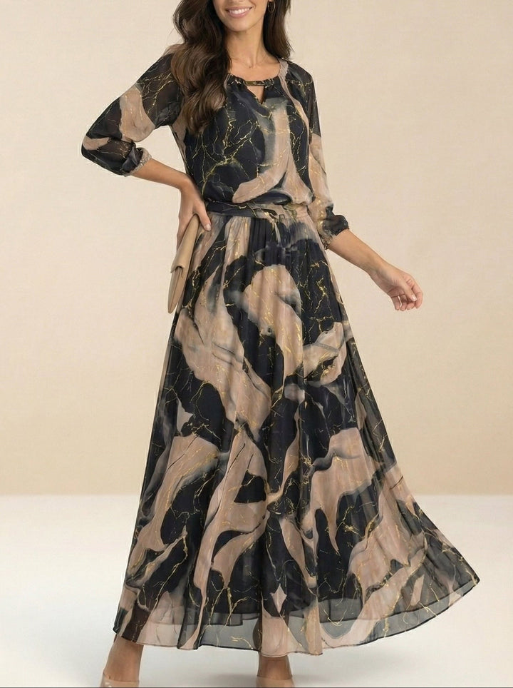 Elegant Black Marble Print Maxi Dress with Split Neck Bell Sleeve Belted Wedding Guest