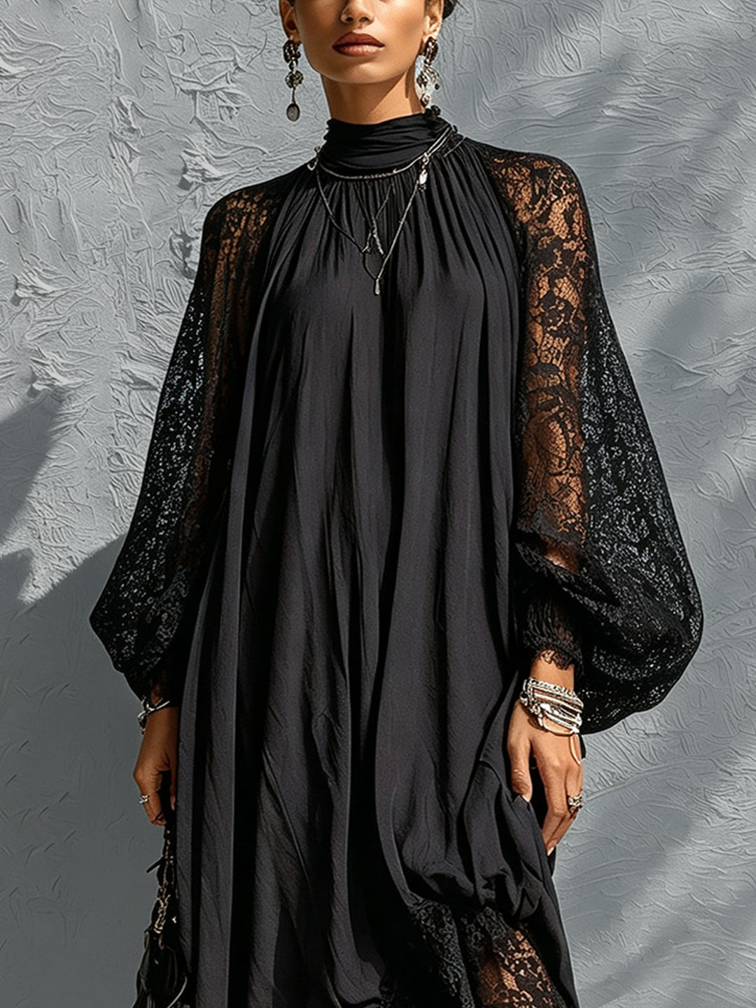 Elegant Black Maxi Dress for Women with Lace Sleeves High Neck Formal Style