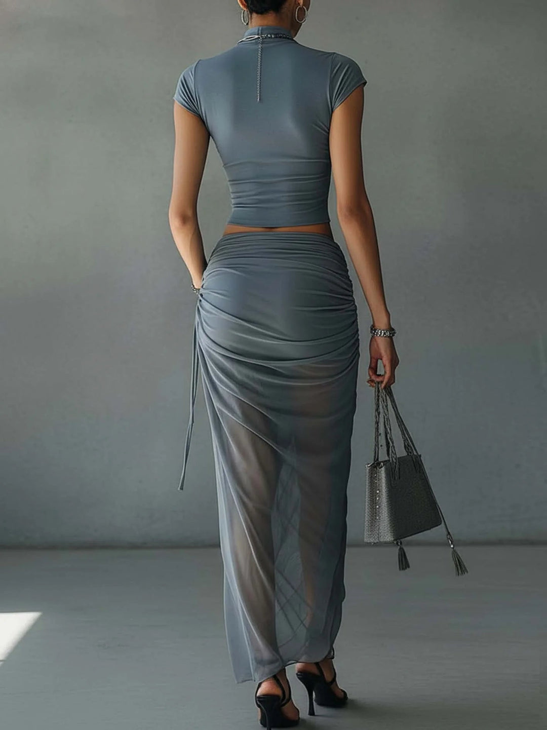 Set of Blue Short Sleeve T-Shirt and Sheer Draped Skirt