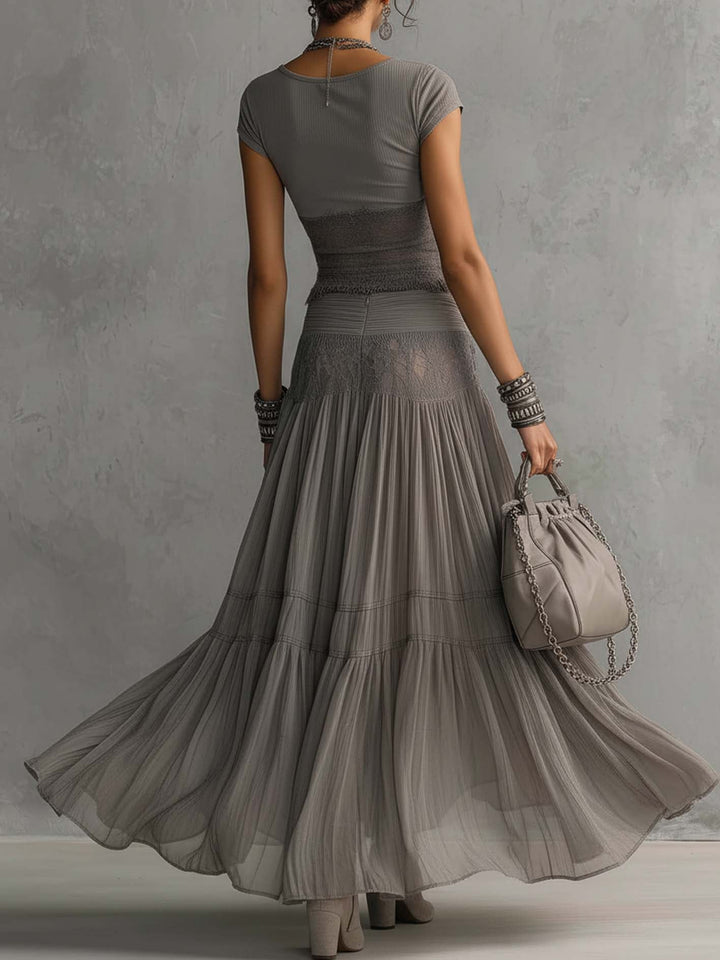 Gray Top in Sheer Lace with Panels and Pleated Maxi Skirt Set