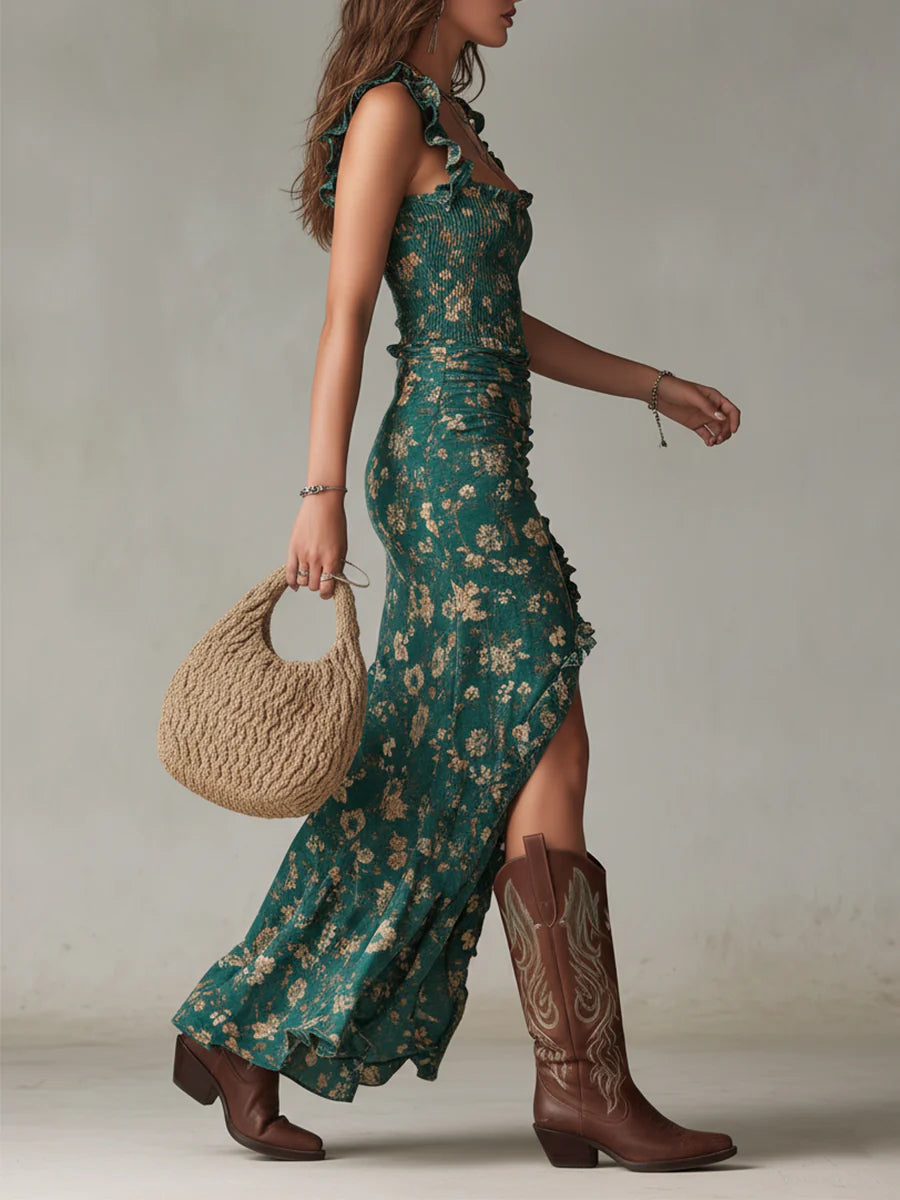 Bohemian Green Printed Maxi Dress with Ruffle Sleeves