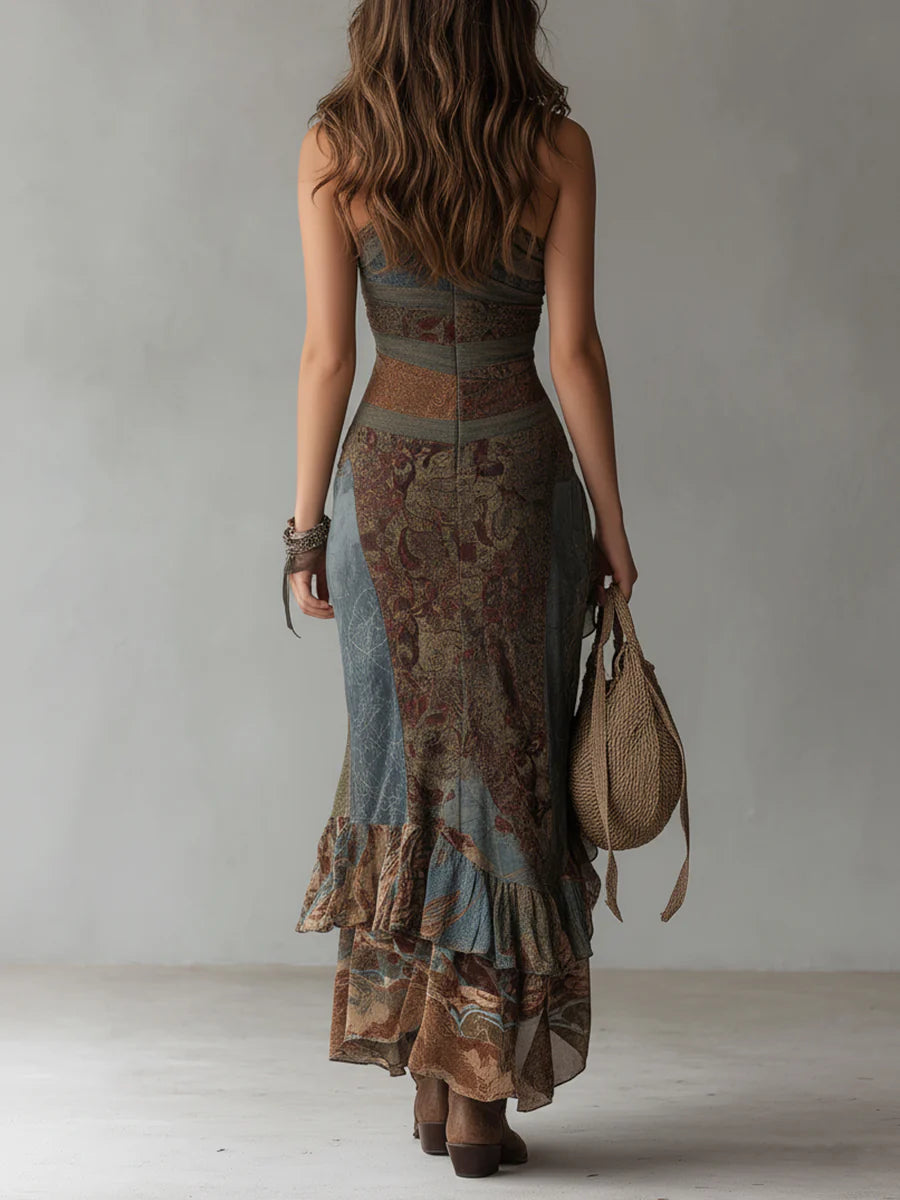 Maxi Printed Ethnic Style Dress with Off-Shoulder and High Slit