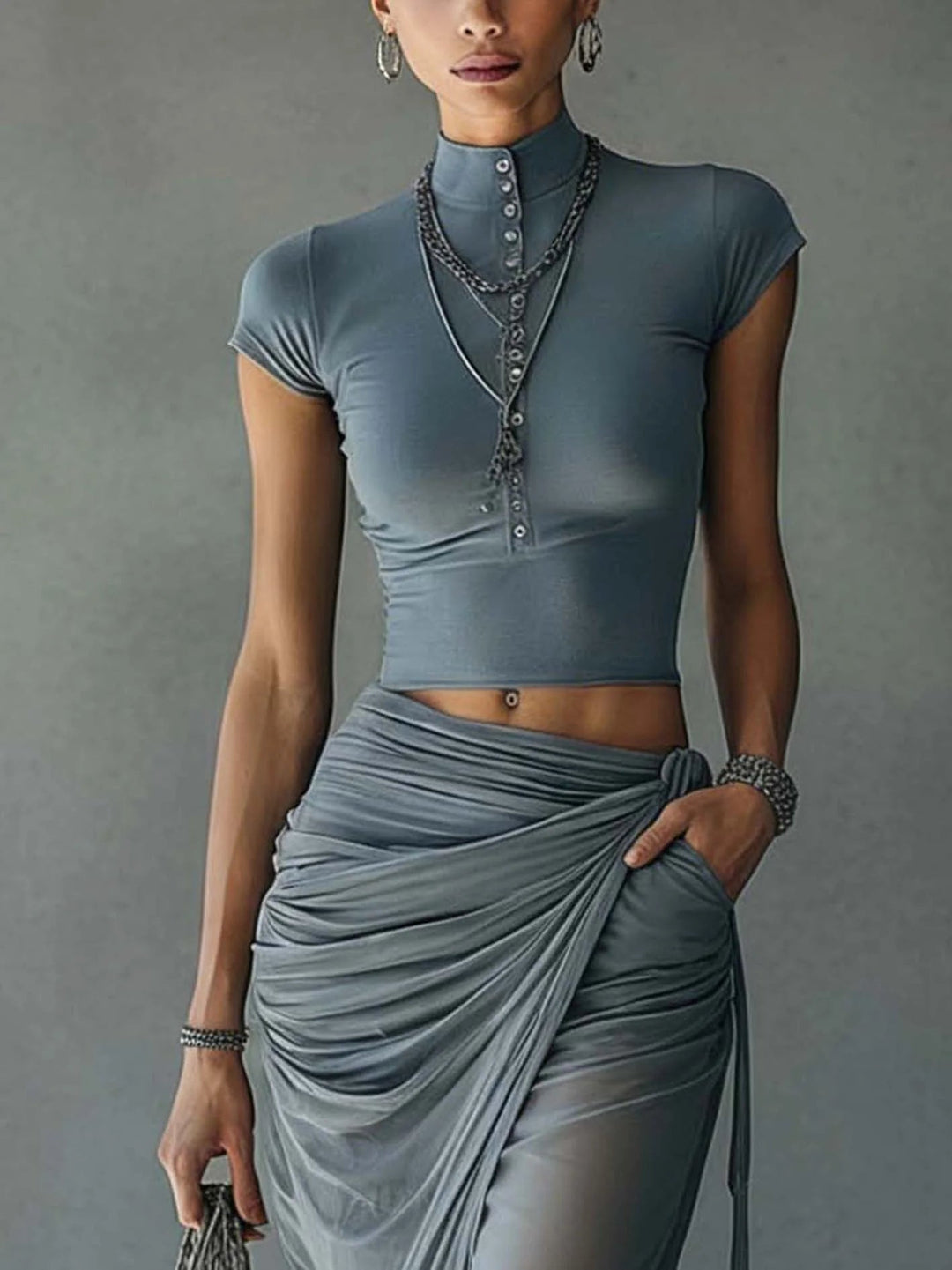 Set of Blue Short Sleeve T-Shirt and Sheer Draped Skirt