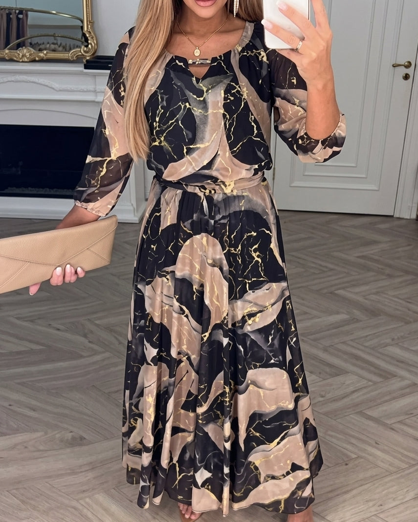 Elegant Black Marble Print Maxi Dress with Split Neck Bell Sleeve Belted Wedding Guest