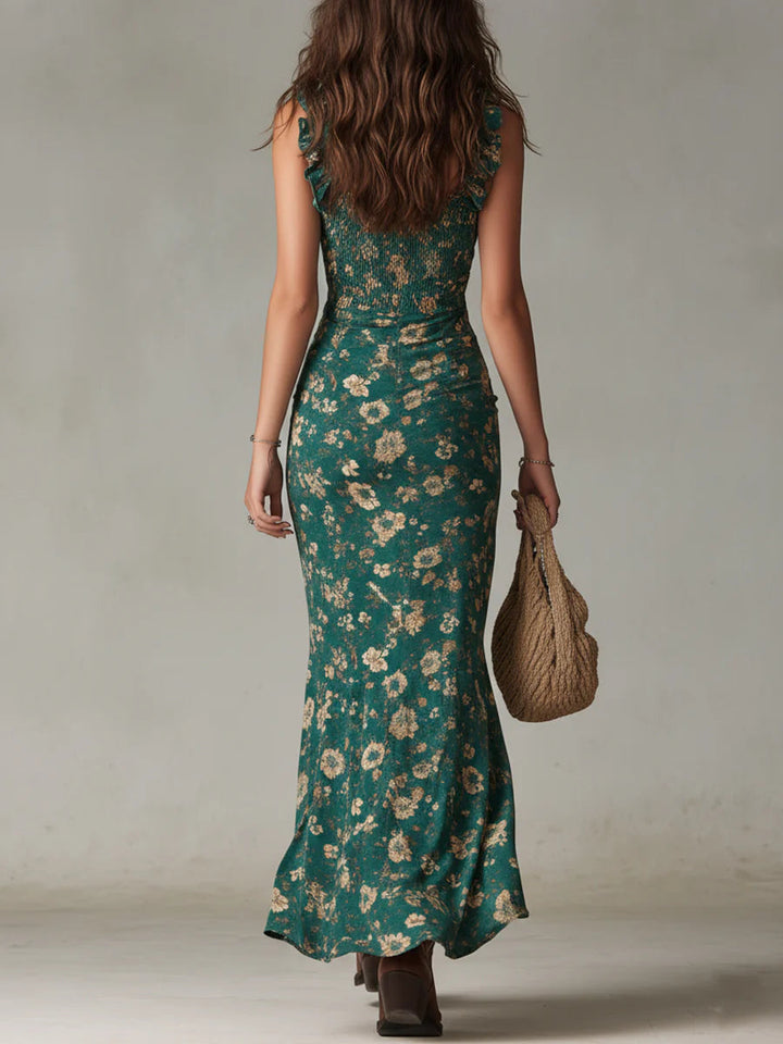 Bohemian Green Printed Maxi Dress with Ruffle Sleeves