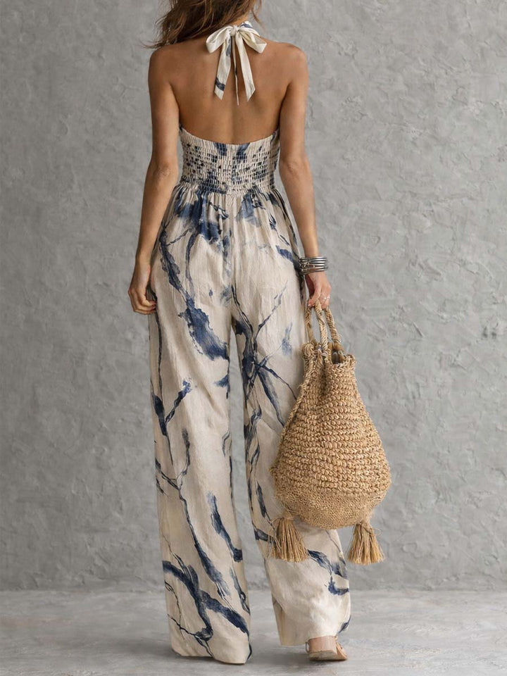 Halter Neck Jumpsuit with Ink Print and Wide Leg Pants with Pockets