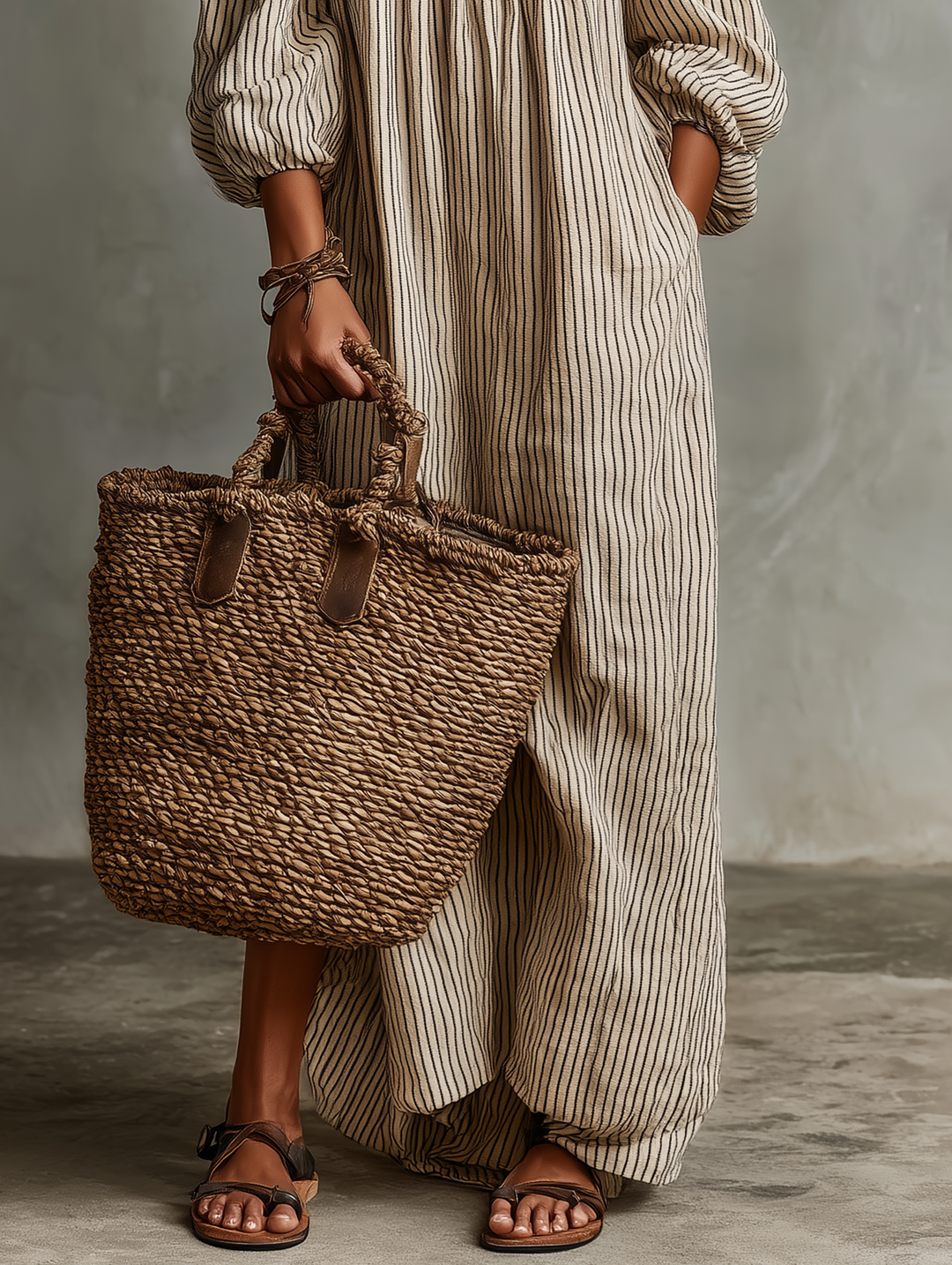 Effortless Striped Linen Maxi Dress with Off Shoulder Puff Sleeve Flowing Casual Summer
