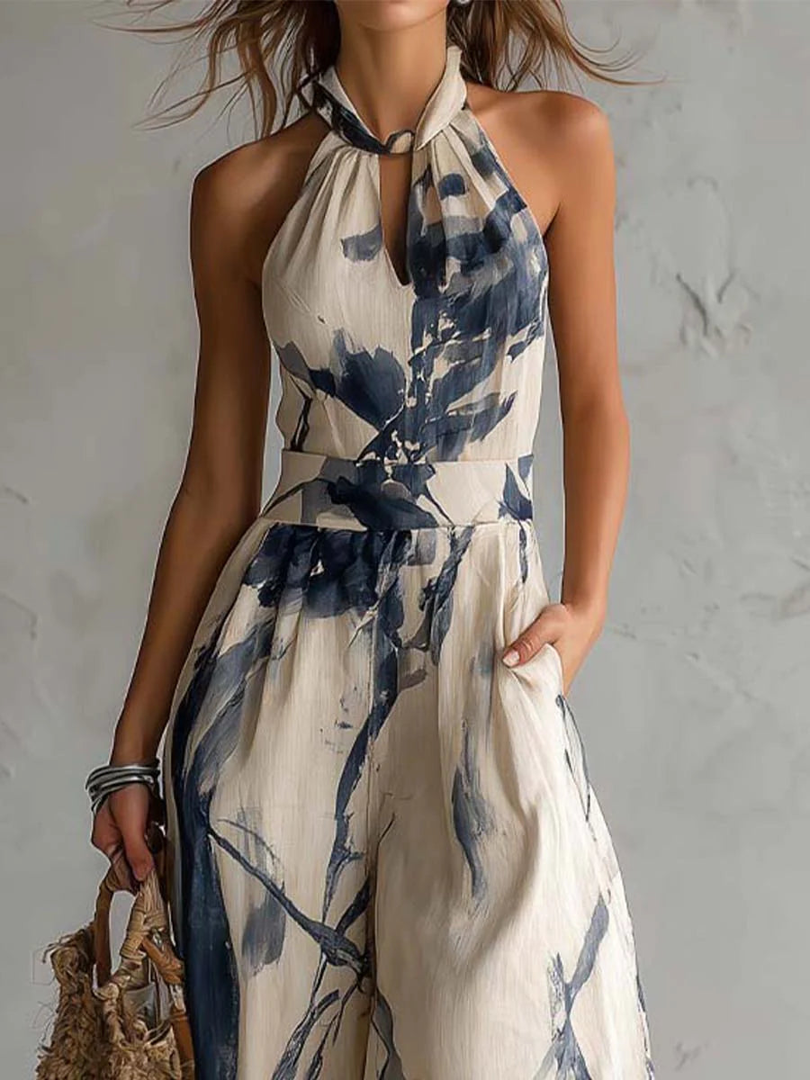 Halter Neck Jumpsuit with Ink Print and Wide Leg Pants with Pockets