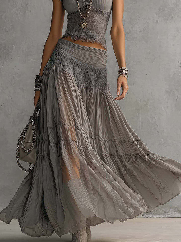 Gray Top in Sheer Lace with Panels and Pleated Maxi Skirt Set