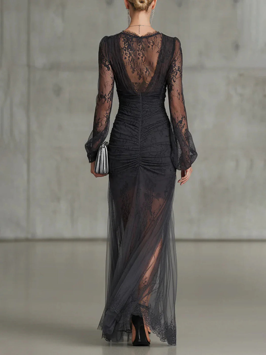 Dark Grey Long Maxi Dress in Lace with Long Sleeves and Slit