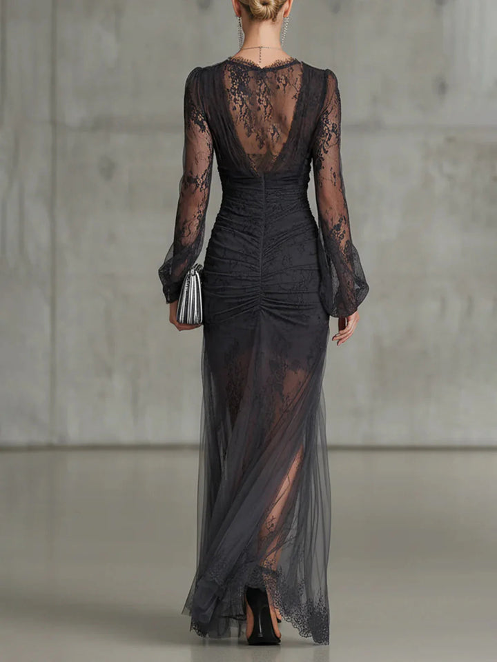 Dark Grey Long Maxi Dress in Lace with Long Sleeves and Slit