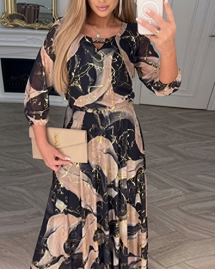 Elegant Black Marble Print Maxi Dress with Split Neck Bell Sleeve Belted Wedding Guest