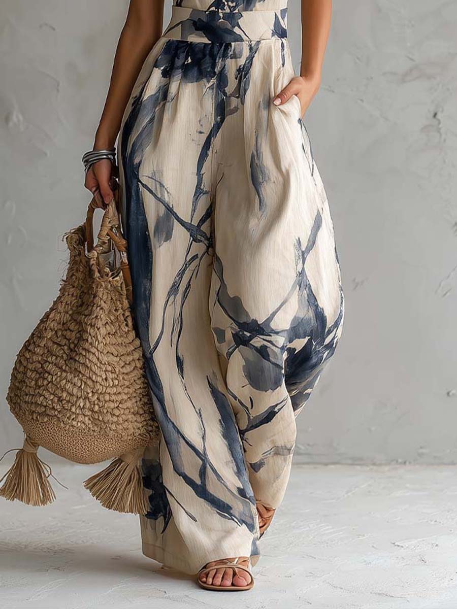 Halter Neck Jumpsuit with Ink Print and Wide Leg Pants with Pockets