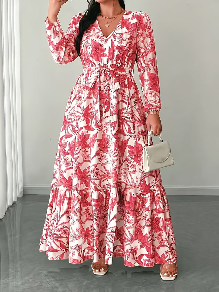 Elegant Floral Long Sleeve Maxi Dress for Women with V Neck Wrap Tie Waist Ruffle Hem Bohemian Style