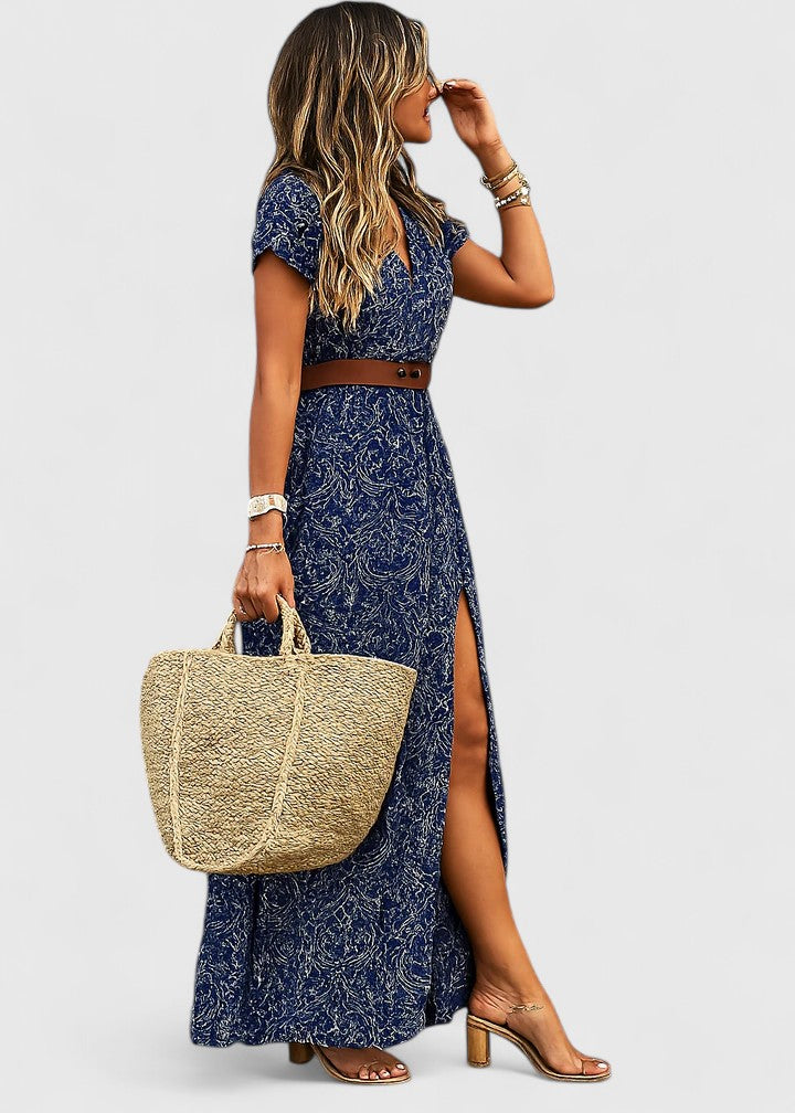 Effortless Paisley Print Maxi Dress with V Neck Belted Side Slit Flowing Boho