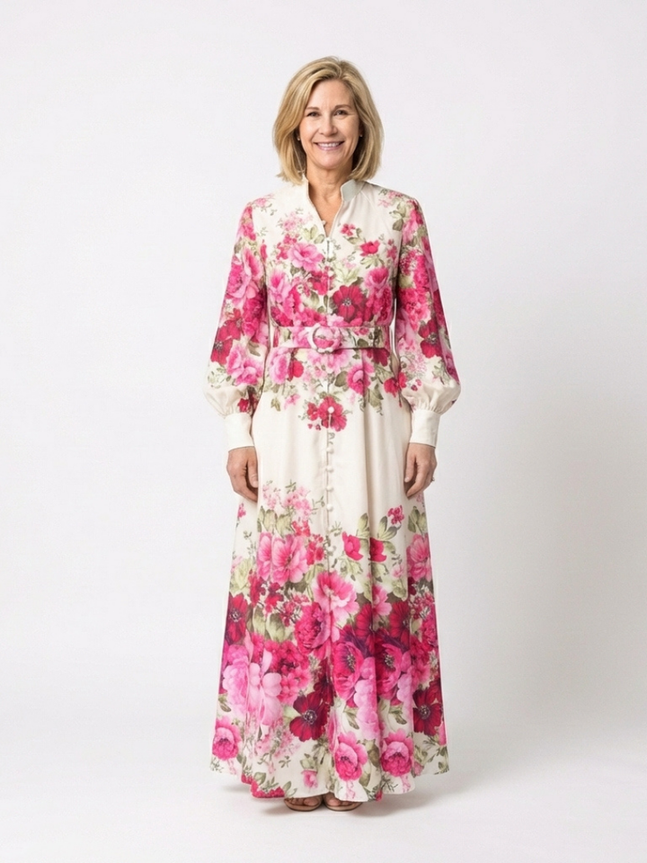 Elegant Pink Floral Autumn Wedding Guest Dress with Mandarin Collar Long Sleeve Belted