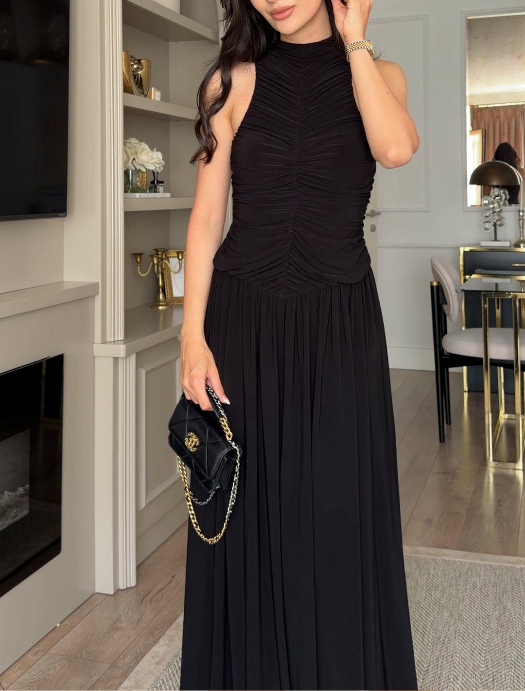 Elegant Black Pleated Maxi Dress for Women with High Neck Sleeveless Flowing Skirt