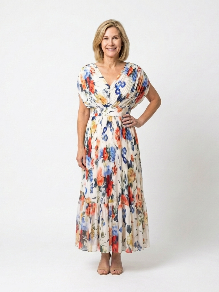 Elegant Ivory Floral Pleated Fall Wedding Guest Dress with V Neck Tiered Ruffle Flowing