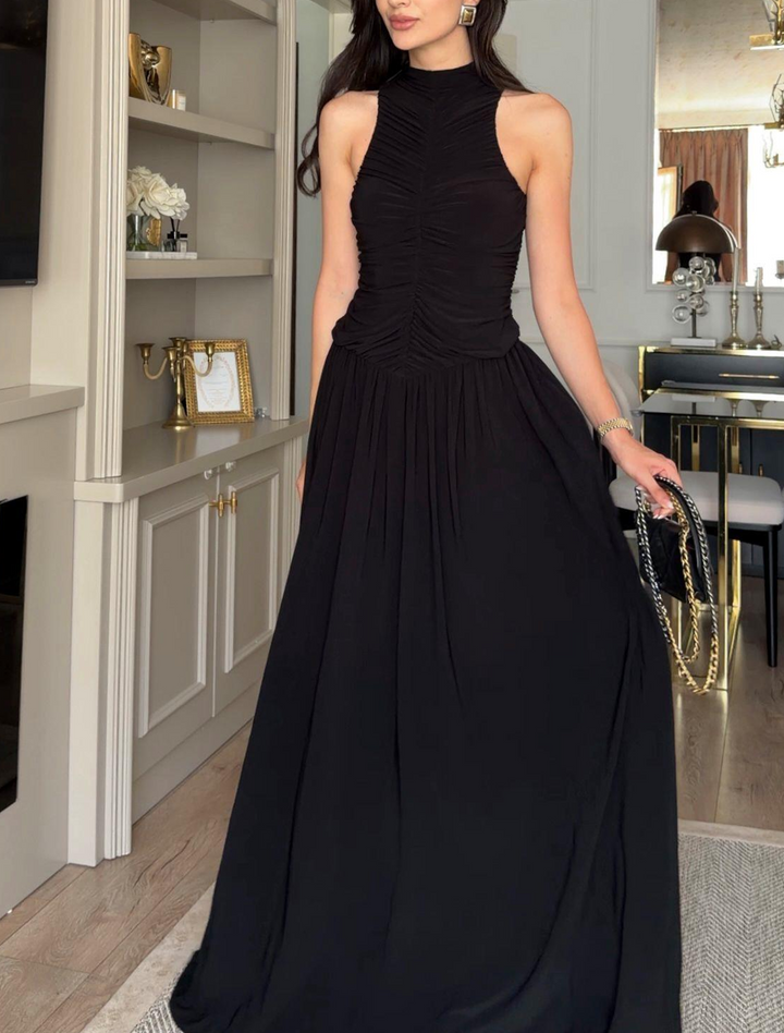 Elegant Black Pleated Maxi Dress for Women with High Neck Sleeveless Flowing Skirt