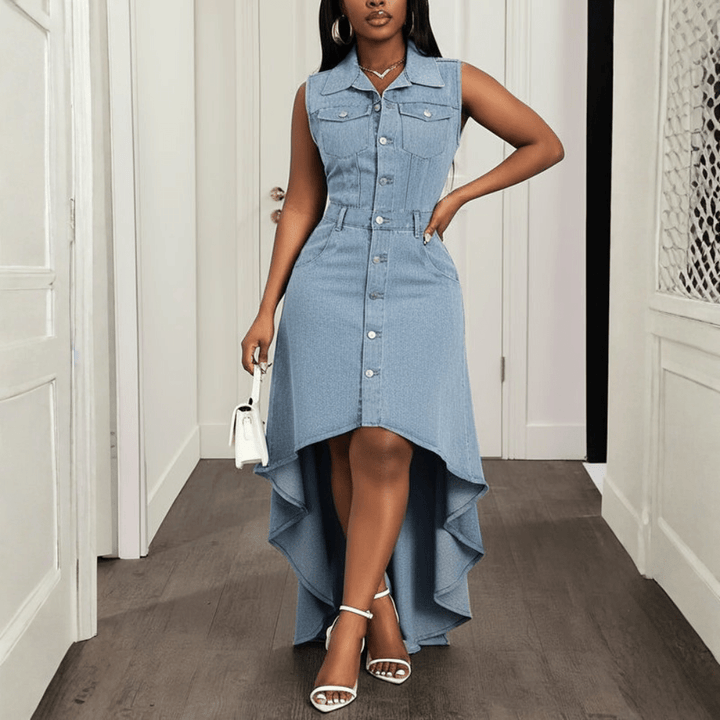 Elegant Blue Denim Maxi Dress for Women with Collared Sleeveless Button Front High Low Style
