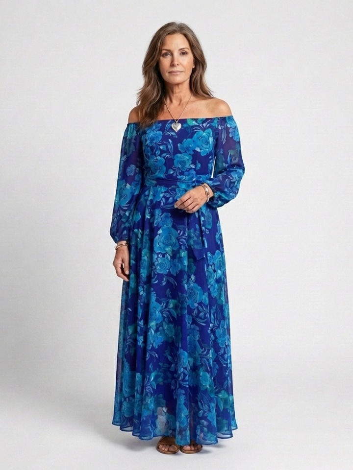 Elegant Blue Floral Fall Wedding Guest Dress with Off Shoulder Long Sleeve Sash Tie