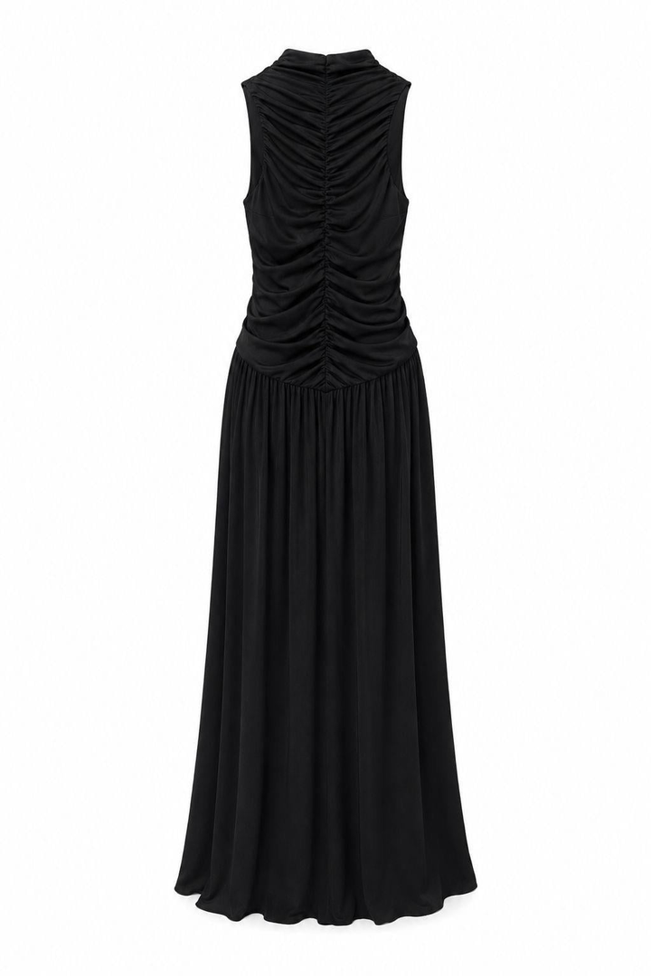 Elegant Black Pleated Maxi Dress for Women with High Neck Sleeveless Flowing Skirt