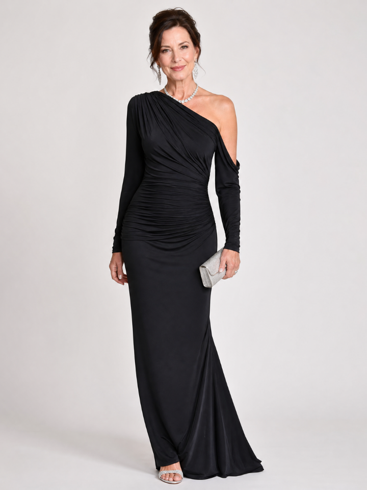 Elegant Black Maxi Dress with One Shoulder Long Sleeve Ruched Fitted Wedding Guest