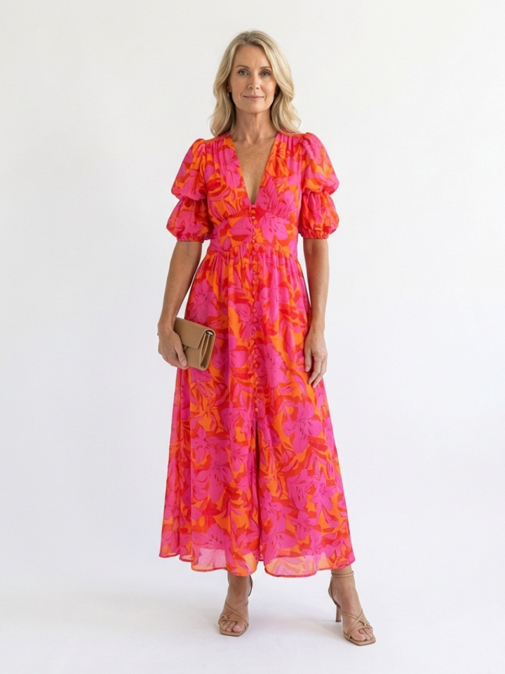 Elegant Pink Orange Floral Fall Wedding Guest Dress with V Neck Puff Sleeve Button Front