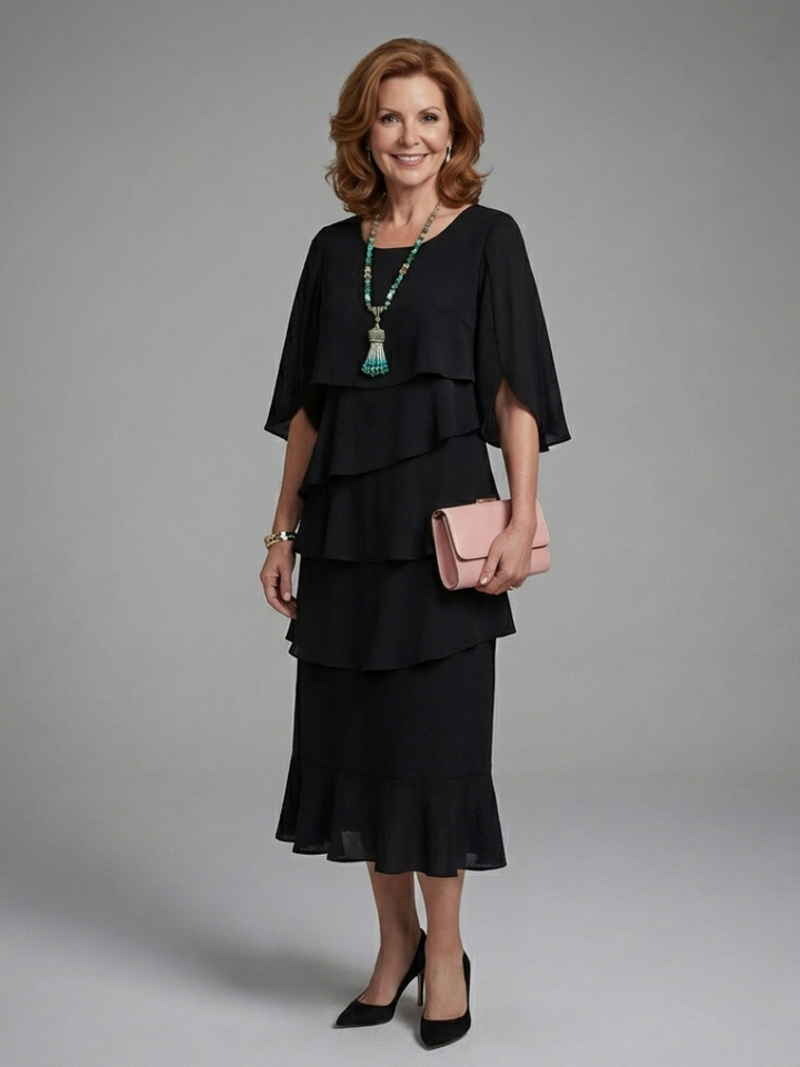 Elegant Black Tiered Fall Wedding Guest Dress with Round Neck Flutter Sleeve Ruffle Hem