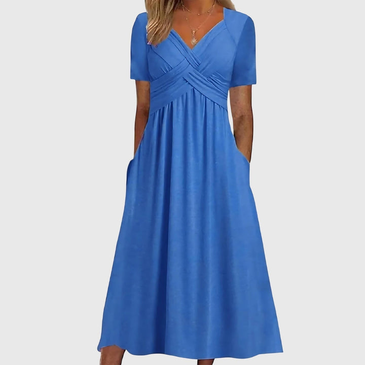 Comfortable Maxi Dress for Women with Surplice V Neck Short Sleeve Side Pockets Casual Style