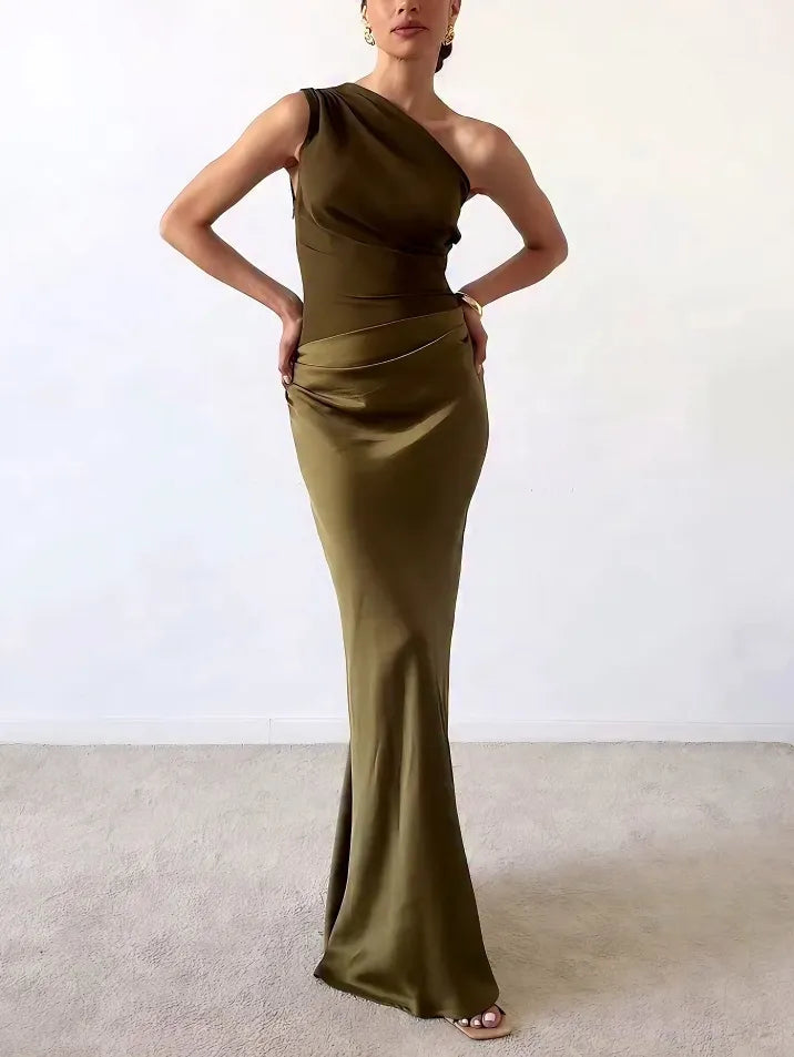 Elegant Satin Maxi Dress with One Shoulder Ruched Waist Bias Cut Formal Wedding Guest