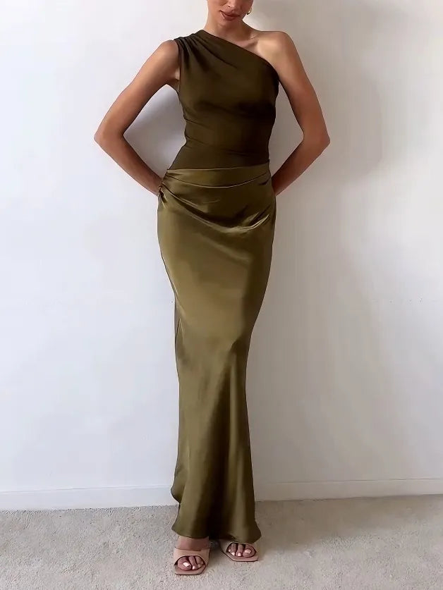 Elegant Satin Maxi Dress with One Shoulder Ruched Waist Bias Cut Formal Wedding Guest